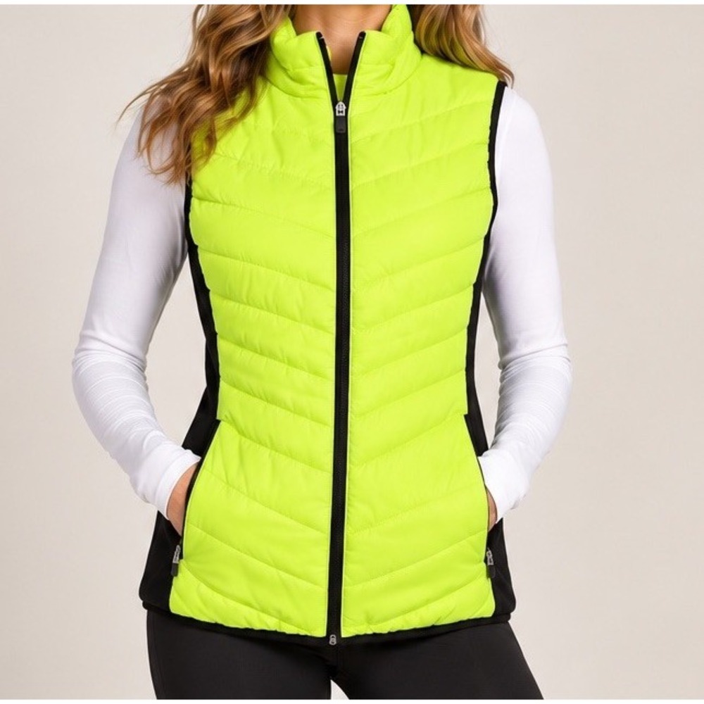 Xersion Womens Neon Colorblock Quilted Puffer Vest Size S Yellow Black Full Zip